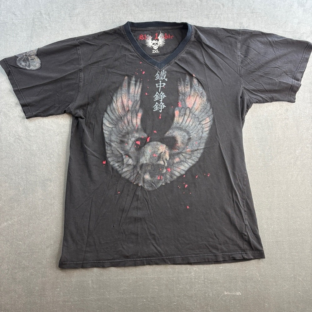 Blac Label Skull Wings V Neck T Shirt Y2K‎ Black Men's 2XL